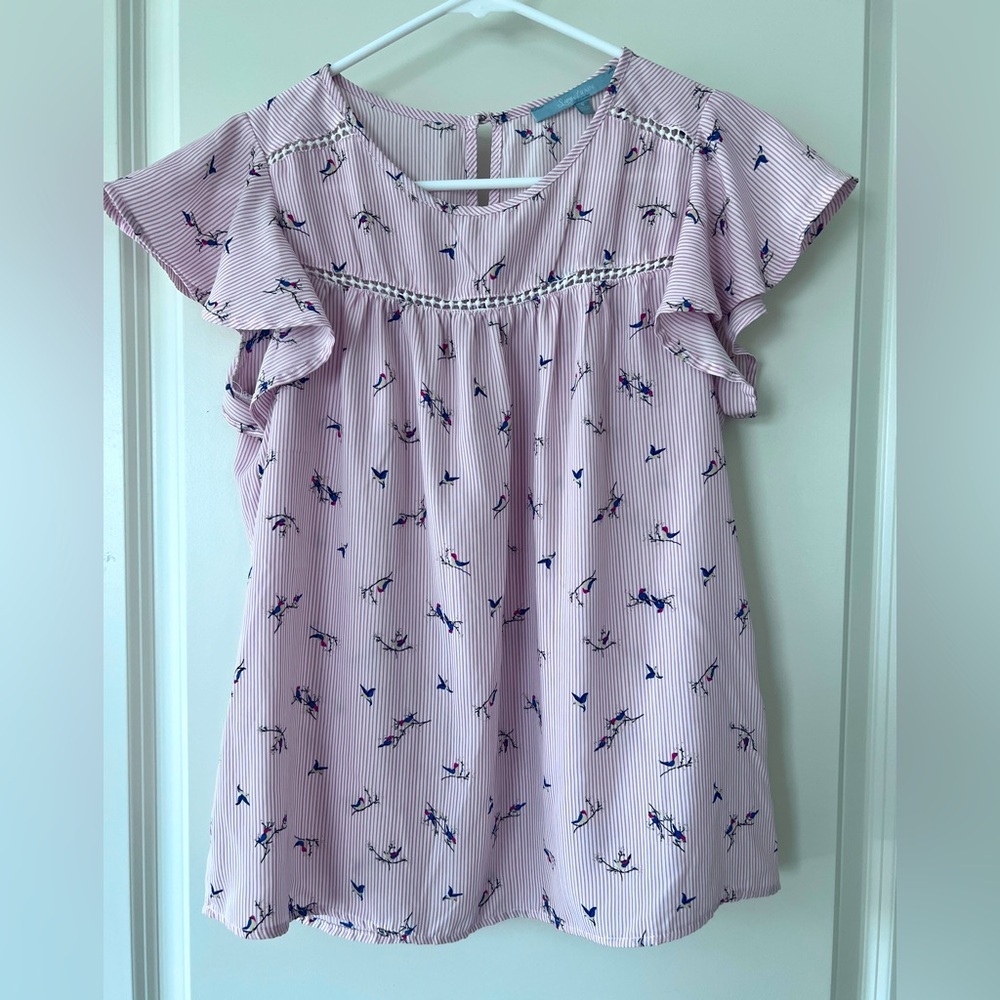 Sweet Rain Striped Bird Print Blouse